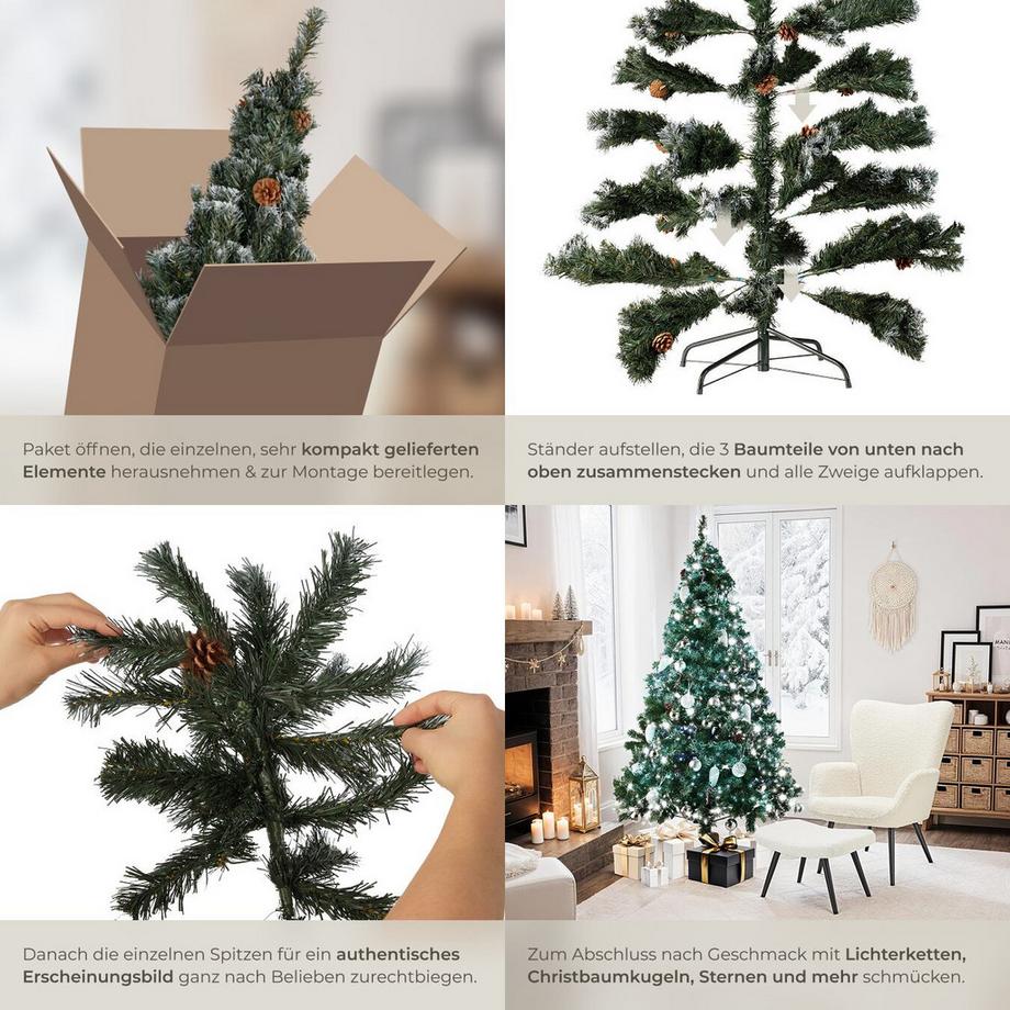 Tectake Albero di Natale artificiale  con sostegni in metallo e pigne 180 cm  