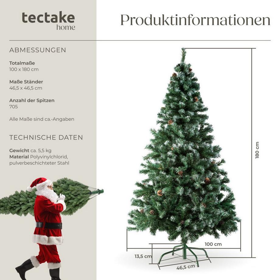 Tectake Albero di Natale artificiale  con sostegni in metallo e pigne 180 cm  
