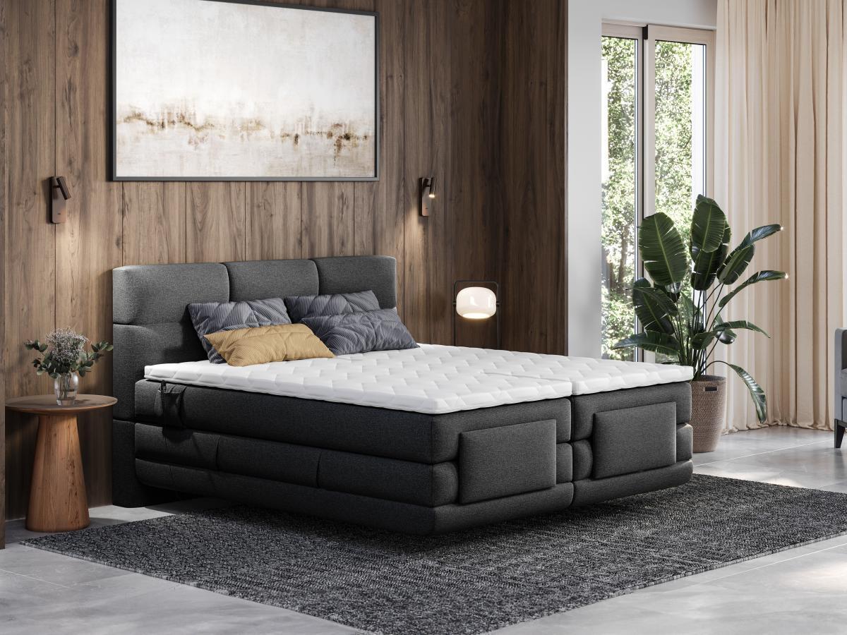 Vente-unique Ensemble complet boxspring tête de lit capitonnée + sommiers relaxation électrique + matelas + surmatelas - 2 x 90 x 200 cm - Tissu - Anthracite - LODI de PALACIO  