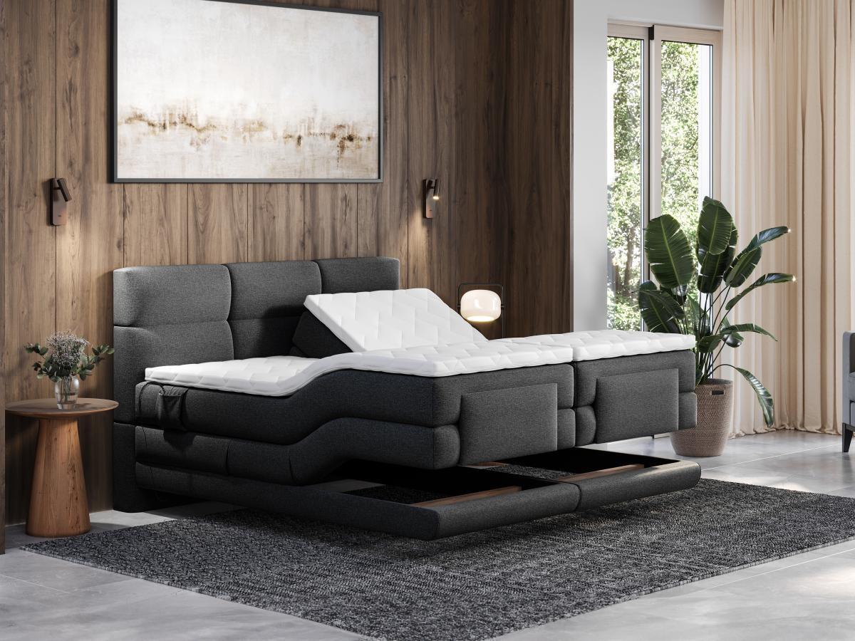 Vente-unique Ensemble complet boxspring tête de lit capitonnée + sommiers relaxation électrique + matelas + surmatelas - 2 x 90 x 200 cm - Tissu - Anthracite - LODI de PALACIO  