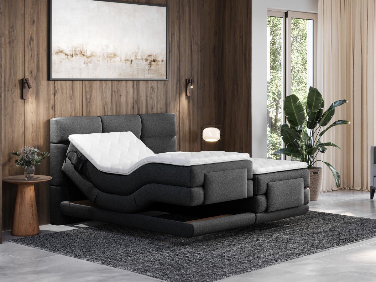 Vente-unique Boxspringbett mit gestepptem Kopfteil + elektrischem Untergestell mit Relaxfunktion + Matratze + Topper - 2 x 90 x 200 cm - Stoff - Anthrazit - LODI von PALACIO  