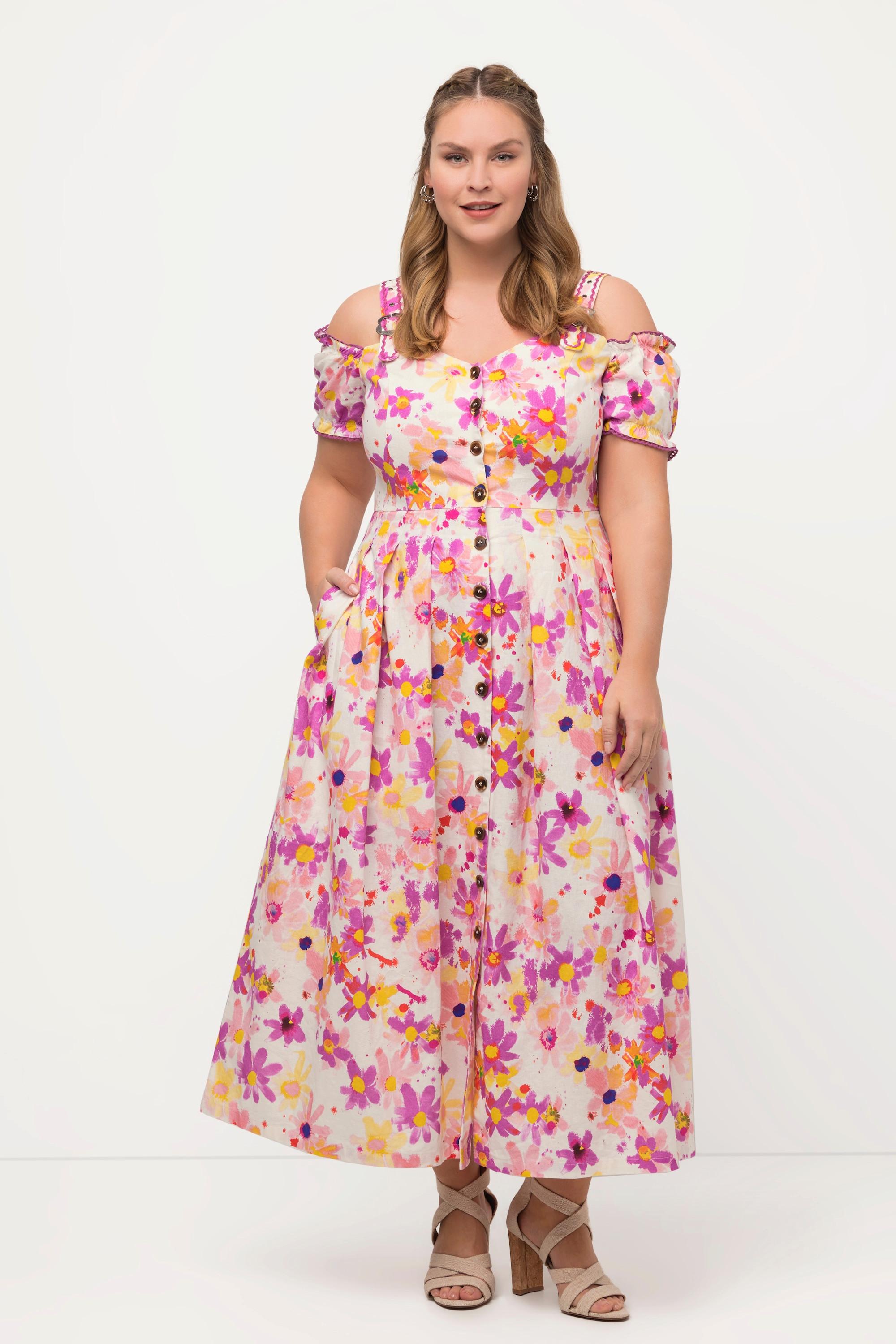 Ulla Popken Robe Dirndl Lin Mélangé Imprimé Floral Décolleté Cœur Manches Courtes  
