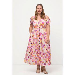 Ulla Popken Robe Dirndl Lin Mélangé Imprimé Floral Décolleté Cœur Manches Courtes  