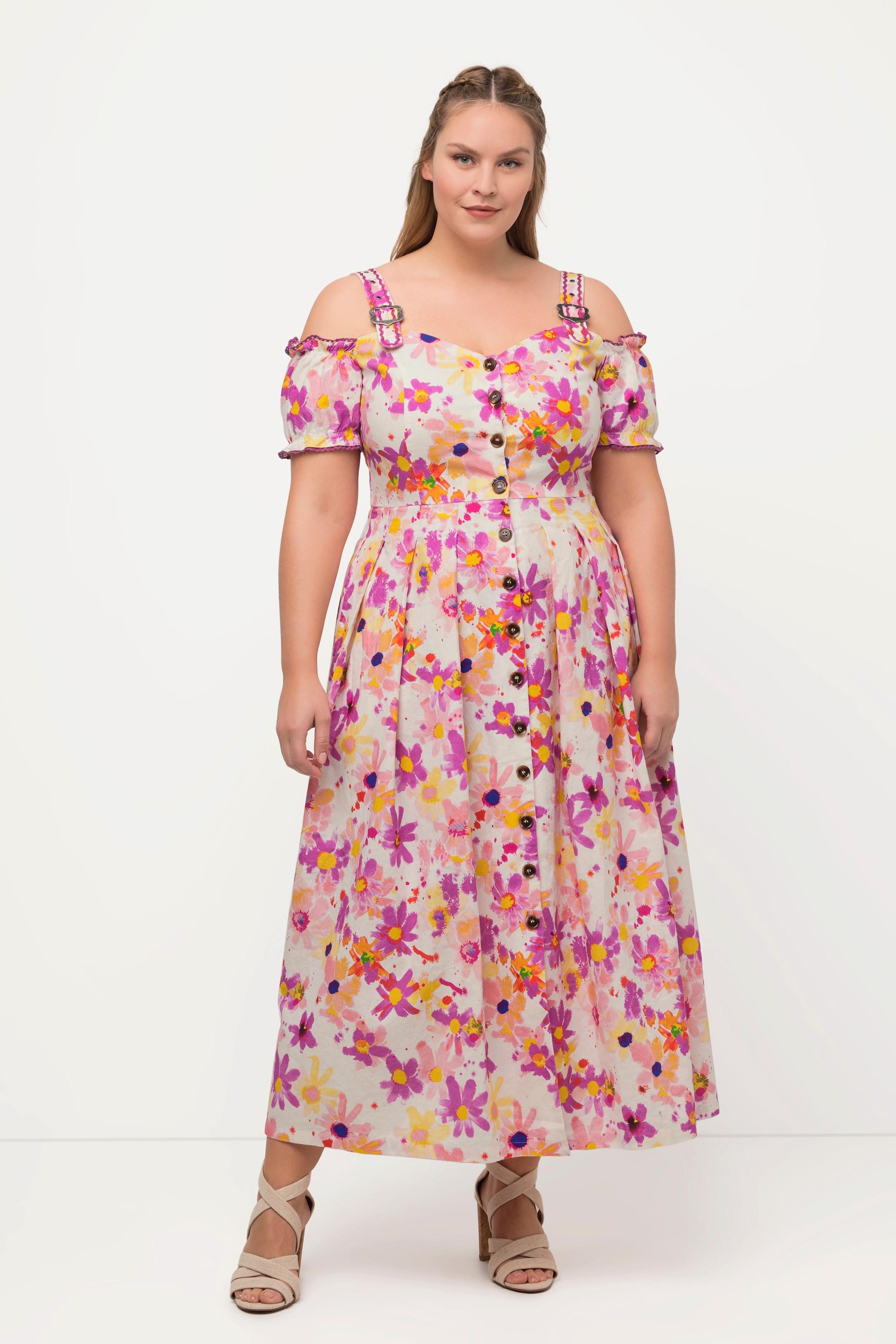 Ulla Popken Robe Dirndl Lin Mélangé Imprimé Floral Décolleté Cœur Manches Courtes  