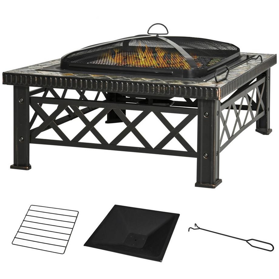Northio  3-In-1 Feuerschale Feuerkorb Feuerstelle Mit Funkenschutz Grillrost Eiskübel Garten Bbq Schwarz 76 X 76 X 47 Cm 