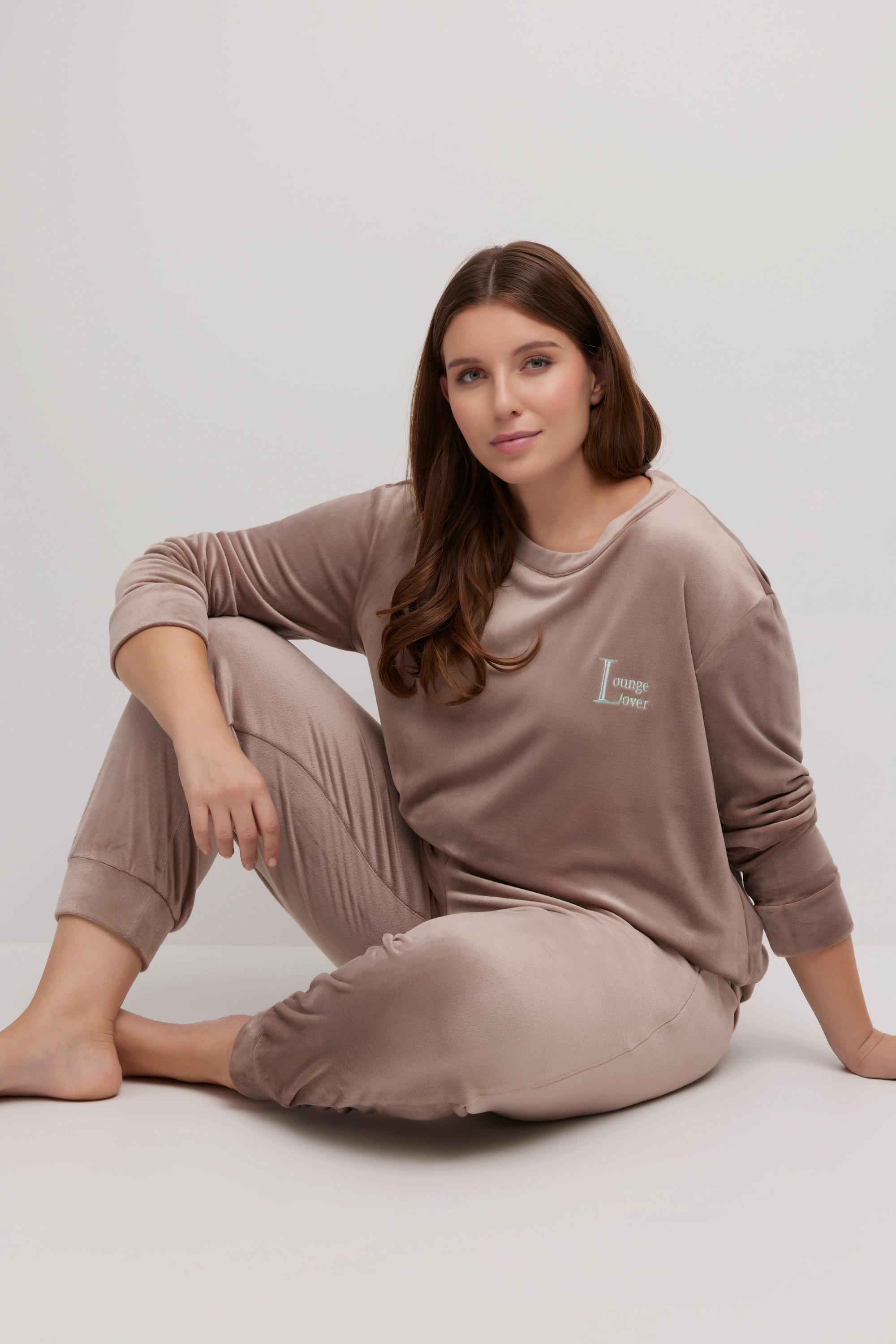 Ulla Popken  Pullover da casa in nicki con ricami, scollo a girocollo e maniche lunghe 