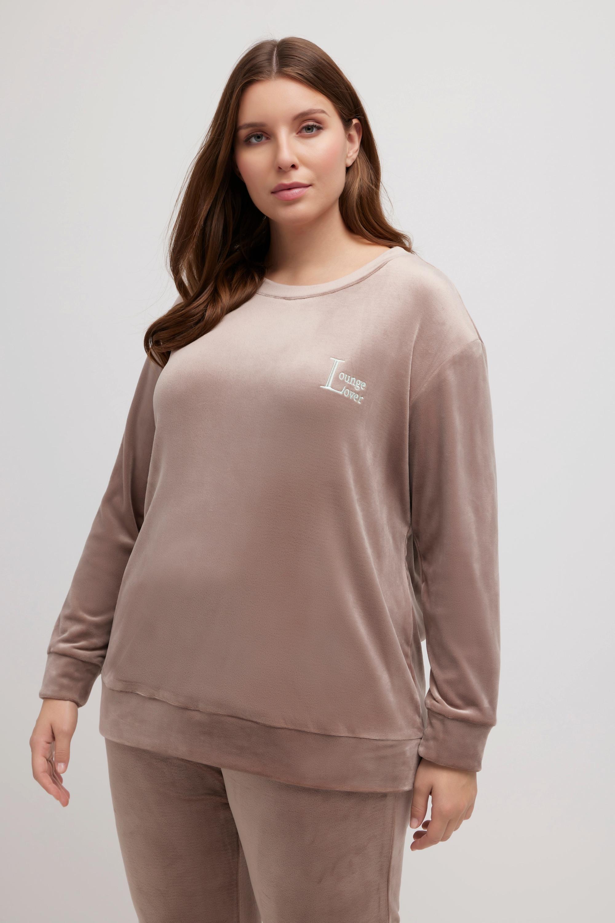 Ulla Popken  Pullover da casa in nicki con ricami, scollo a girocollo e maniche lunghe 