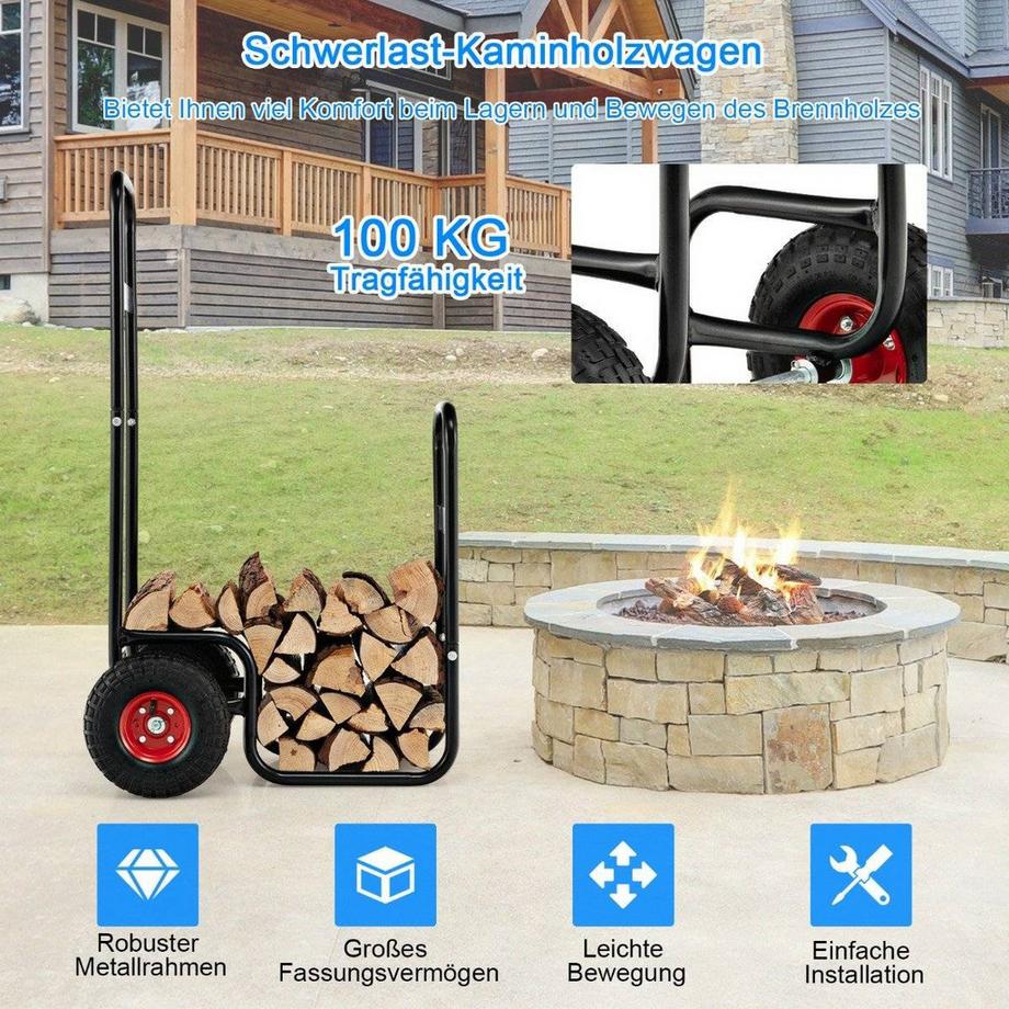 Northix  Metall Kaminholzwagen mit Rädern bis 100 kg Brennholzwagen Holzwagen Brennholzkarre 