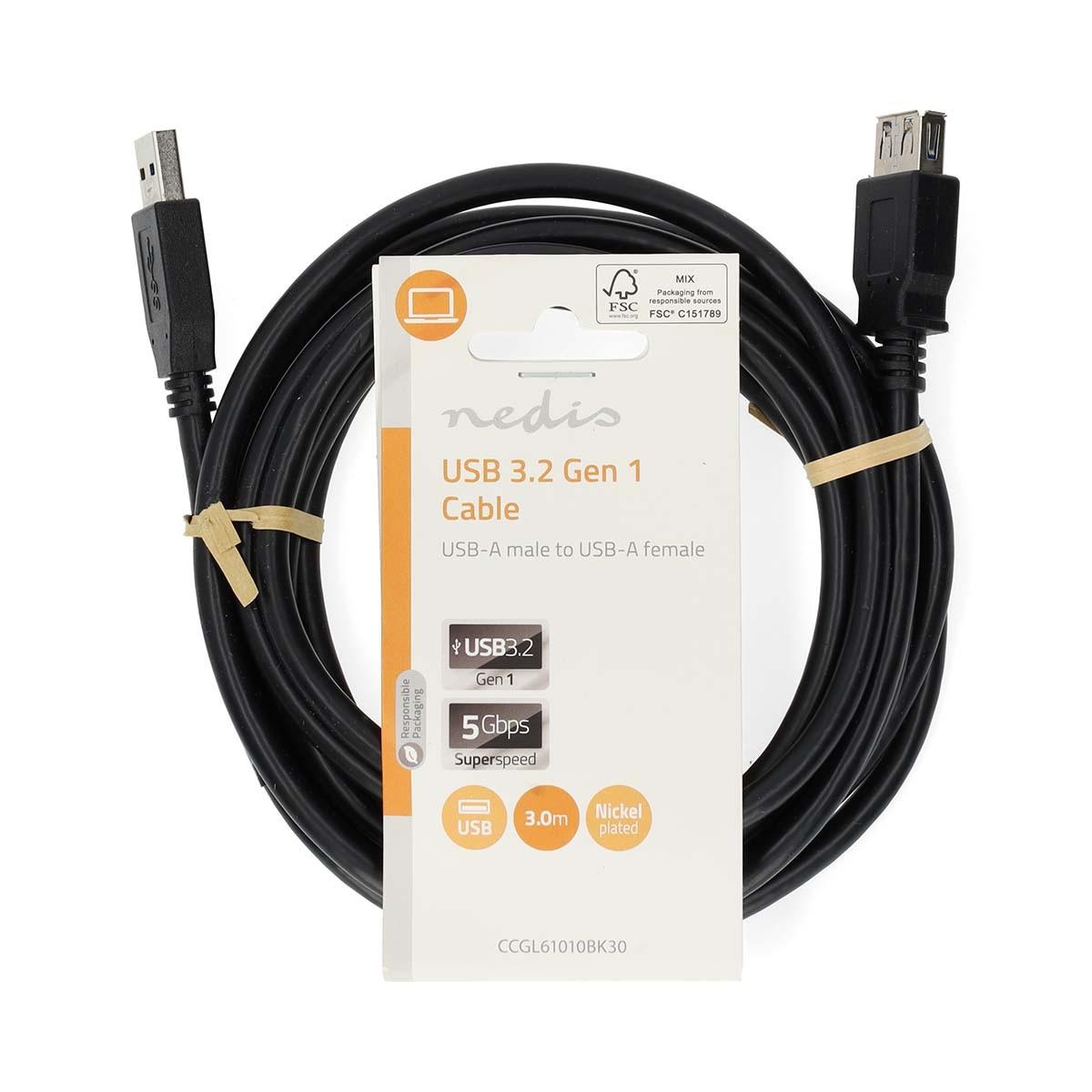 Nedis  Câble USB | USB 3.2 Gen 1 | USB-A mâle | USB-A femelle | 5 Gbps | Nickelé | 3.00 m | Rond | PVC | Noir | Etiquette 