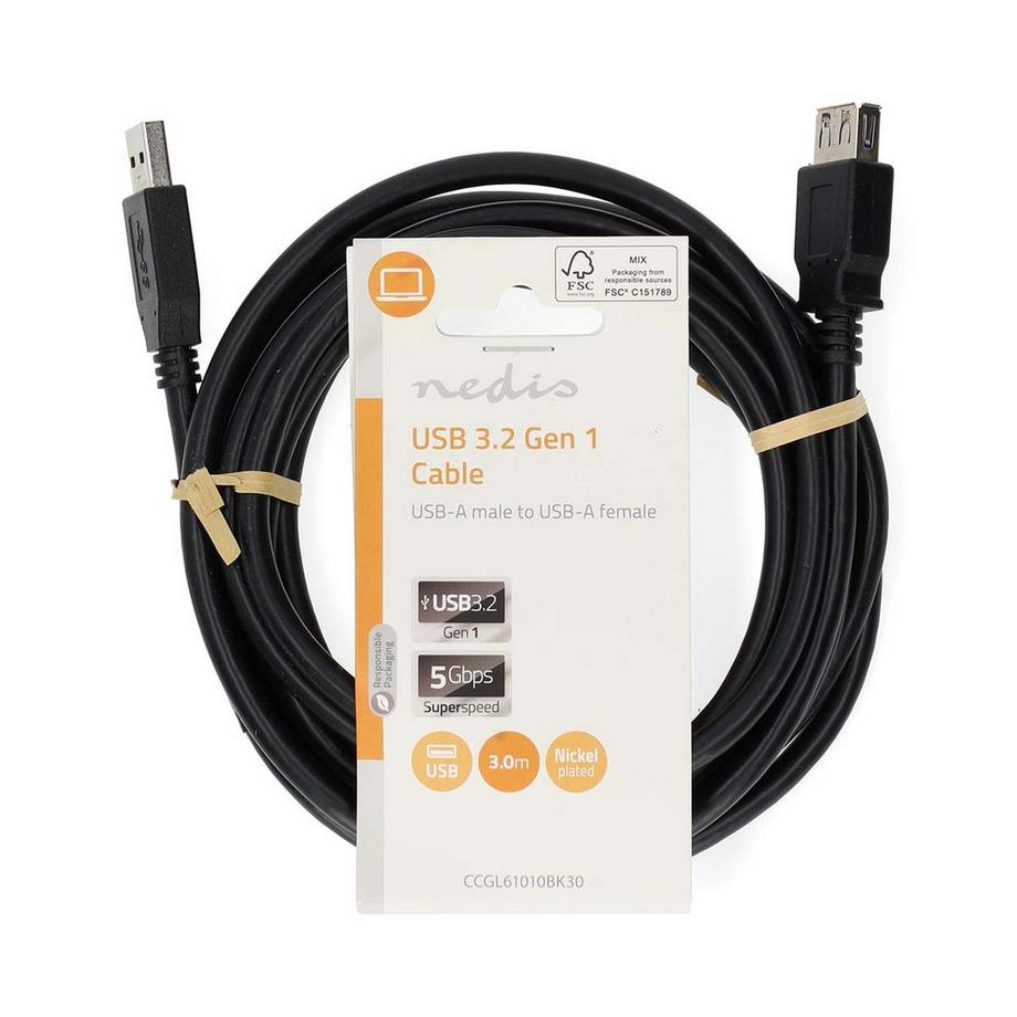 Nedis  USB-Kabel | USB 3.2 Gen 1 | USB-A Stecker | USB-A Buchse | 5 Gbps | Vernickelt | 3,00 m | Rund | PVC | Schwarz | Etikett 