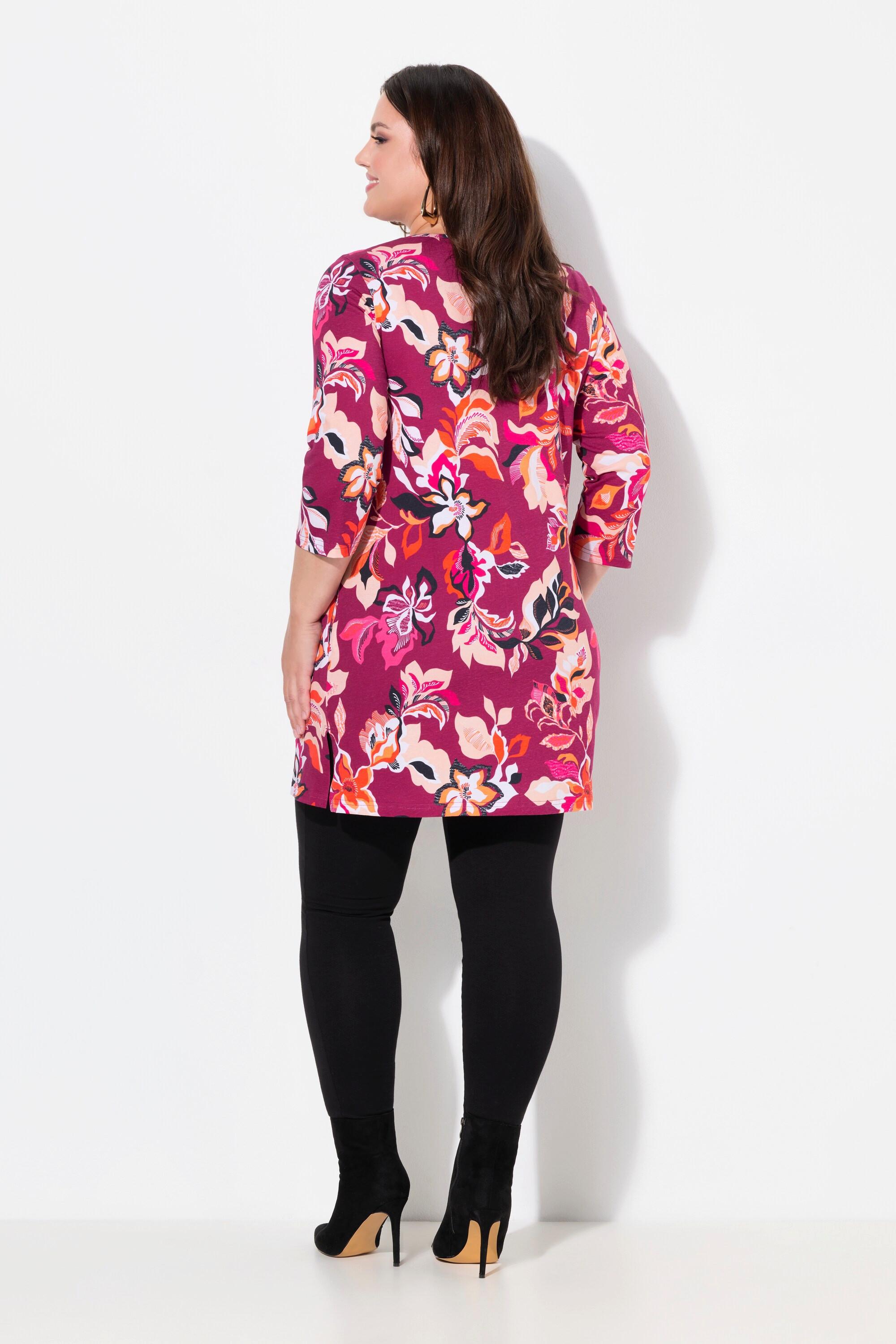 Ulla Popken  Longshirt, Blüten, A-Linie, Tunika-Ausschnitt, 3/4-Arm 