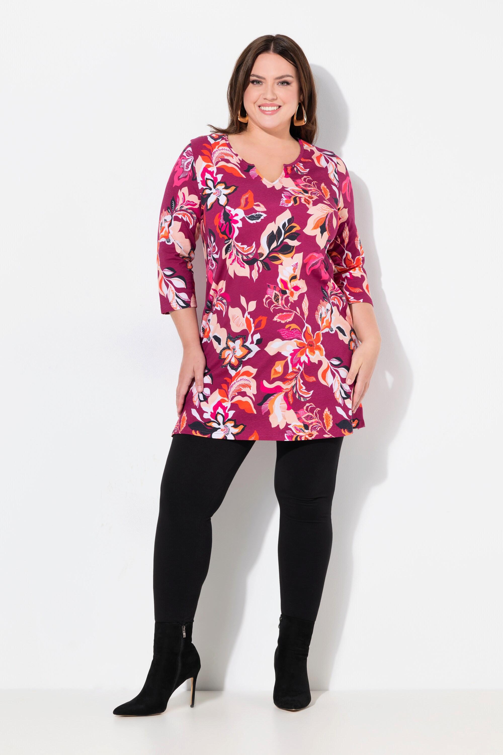 Ulla Popken  Longshirt, Blüten, A-Linie, Tunika-Ausschnitt, 3/4-Arm 