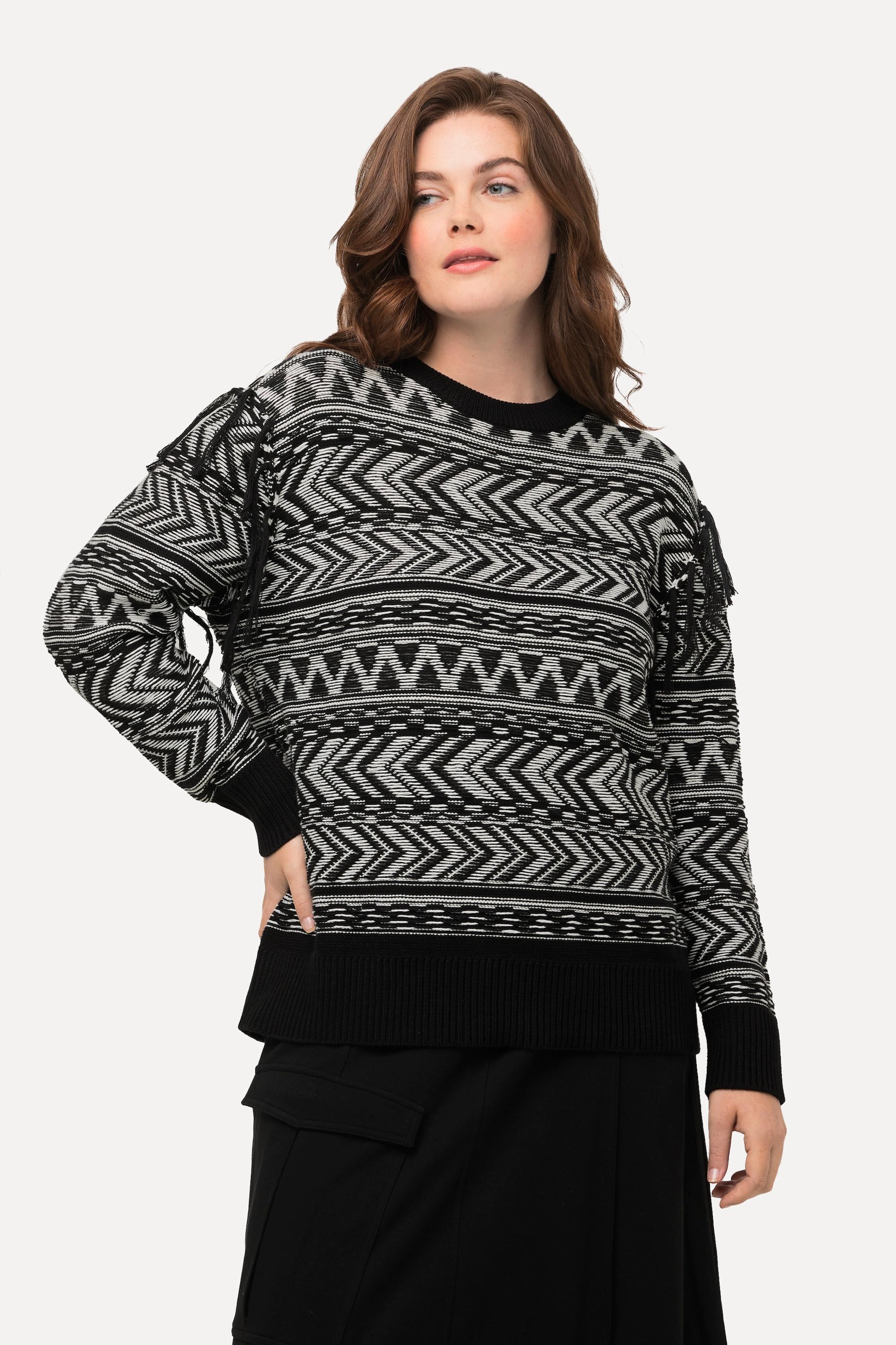 Ulla Popken  Pullover, Fransen, Rundhals, Langarm, Biobaumwolle 