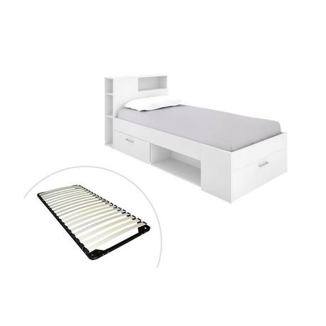 Vente-unique Lit avec tête de lit rangements et tiroir - 90 x 190 cm - Blanc + Sommier - LEANDRE  