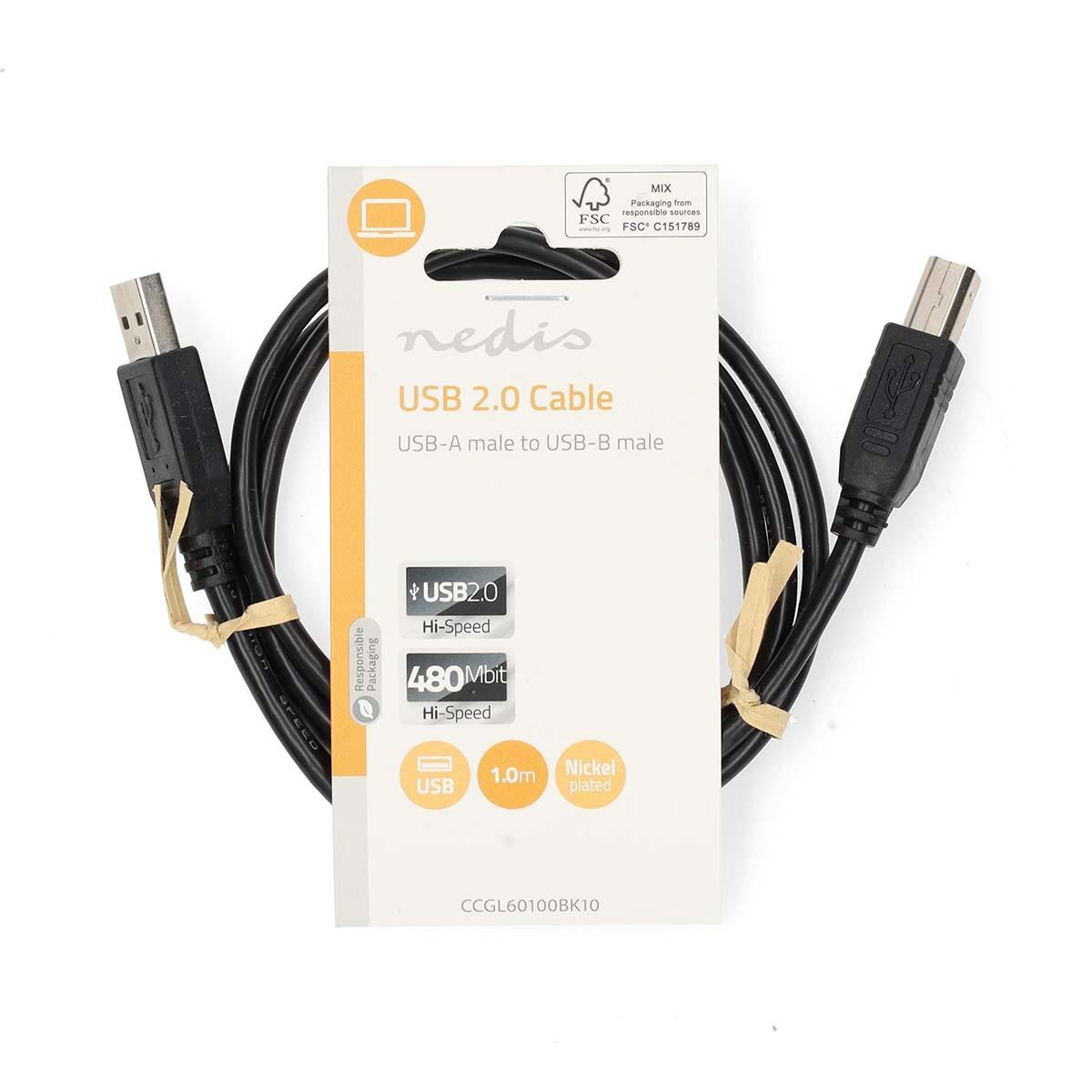 Nedis  Câble USB | USB 2.0 | USB-A mâle | USB-B mâle | 10 W | 480 Mbps | Nickelé | 1.00 m | Rond | PVC | Noir | Etiquette 