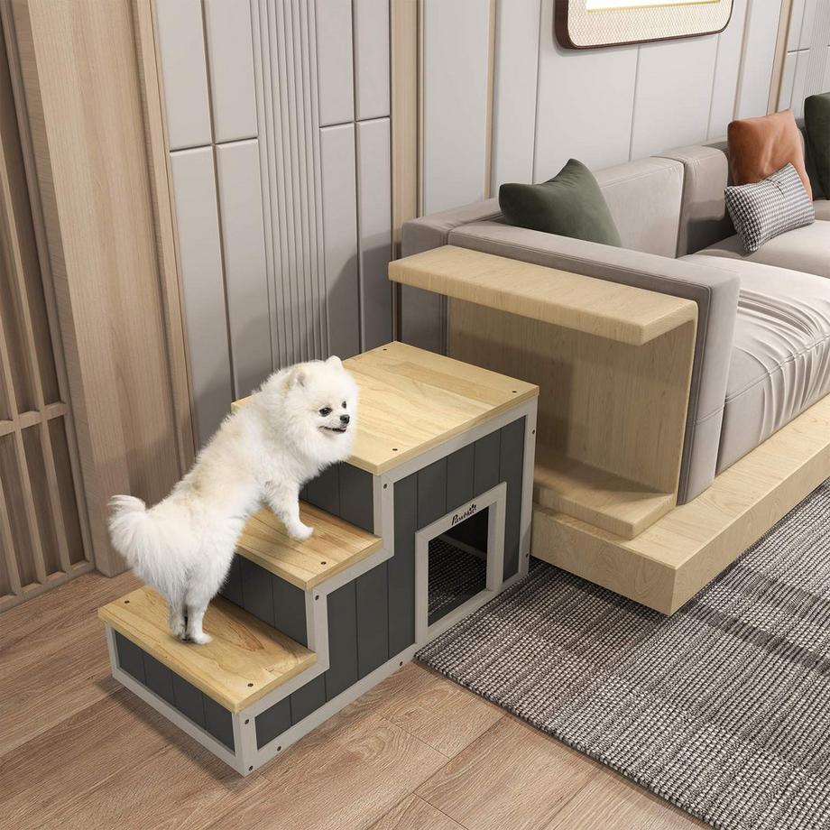 Northio  Escalier 2 En 1 Pour Chien, Escalier Pour Chat Avec Grotte, 3 Marches, Rampe En Bois Pour Animaux De Compagnie, Jusqu'À 30 Kg, Échelle Pour Animaux De Compagnie 