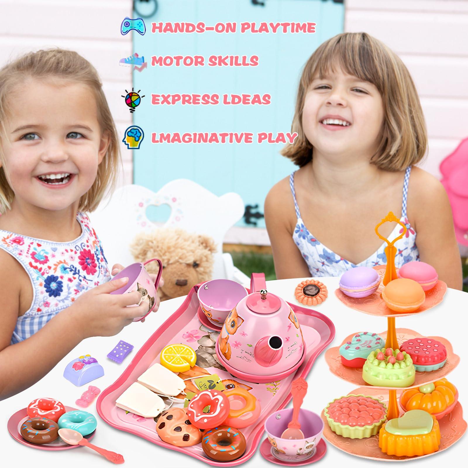 Activity-board  Service à thé 50 pièces pour enfants, service à thé pour enfants avec valise en forme de chaton, jouet de jeu de rôle pour la fête du thé pour petit service à thé avec dessert 