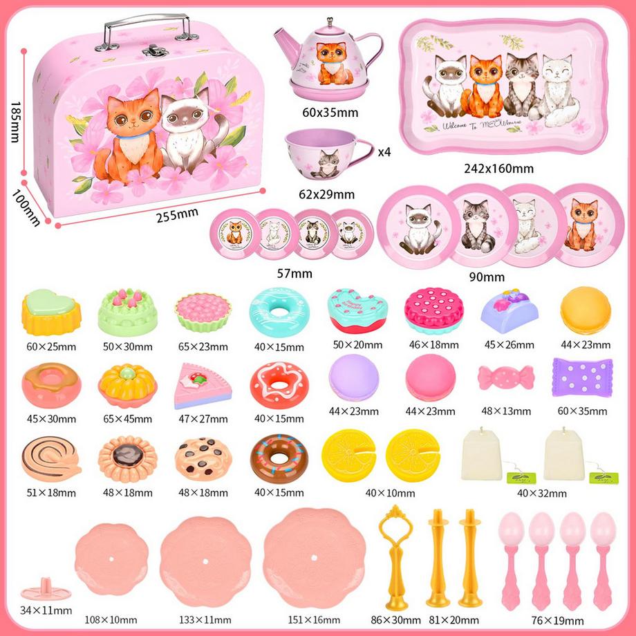 Activity-board  50-teiliges Teeset Kinder, Teeset Kinder mit Kätzchen Koffer, Teeparty Rollenspiel Spielzeug für kleine Tee-Set mit Des 
