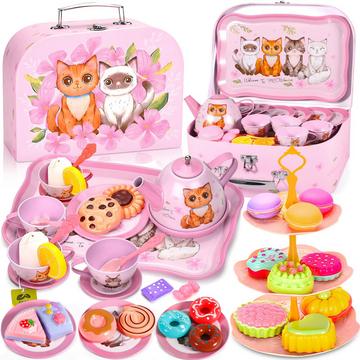 Service à thé 50 pièces pour enfants, service à thé pour enfants avec valise en forme de chaton, jouet de jeu de rôle pour la fête du thé pour petit service à thé avec dessert