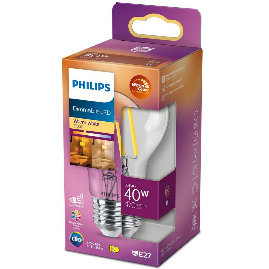 LED E27 Normale 3,4W (40W) Trasparente Dim WarmGl 470