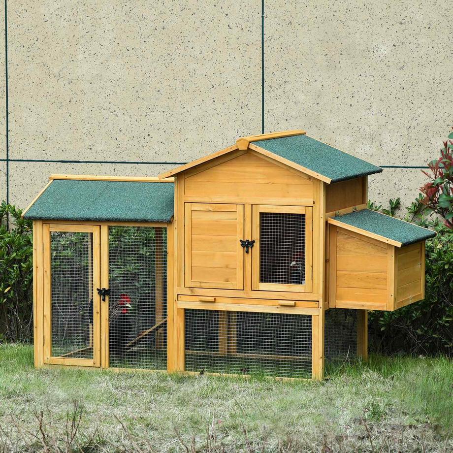 Northio  Zwerghühnerstall Zwerghühnerhaus Mit Auslauf Geflügelstall Mit Stange Fenster Nistkasten Tannenholz Gelb+Grün 168X75X103 Cm 