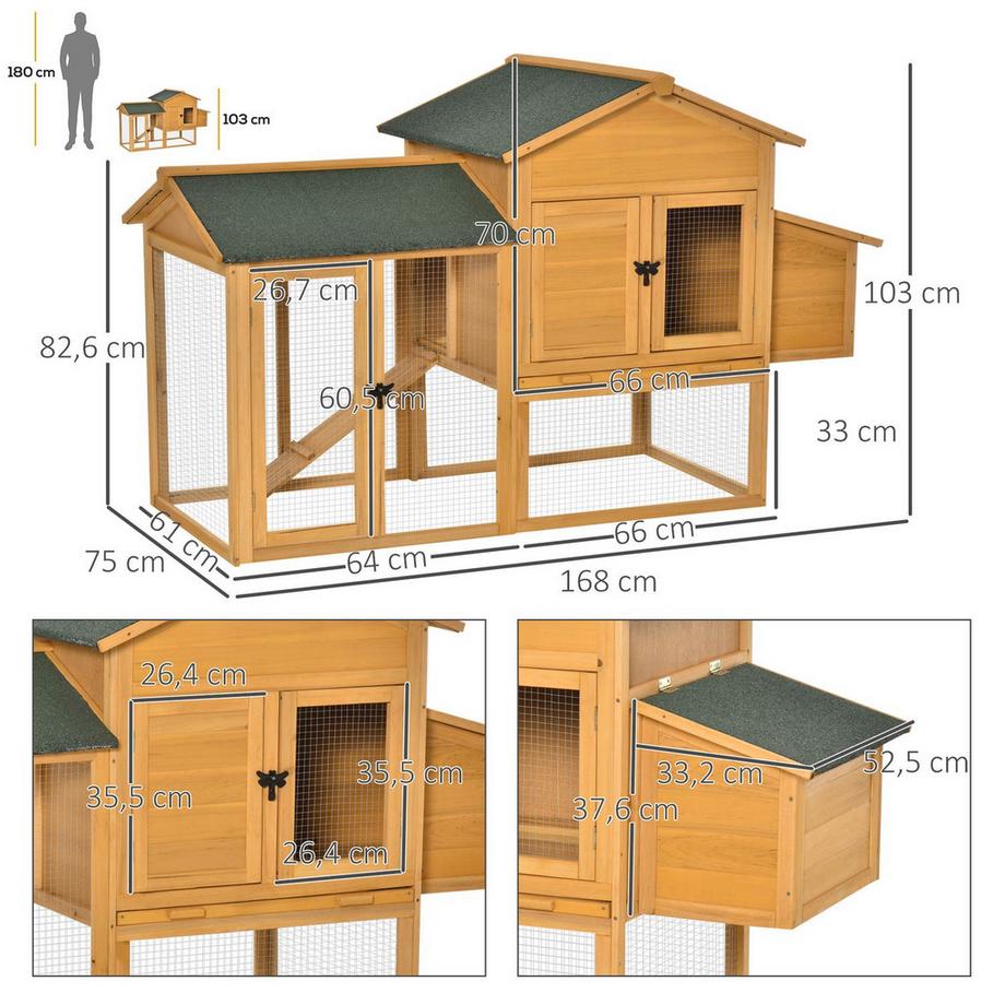 Northio  Zwerghühnerstall Zwerghühnerhaus Mit Auslauf Geflügelstall Mit Stange Fenster Nistkasten Tannenholz Gelb+Grün 168X75X103 Cm 