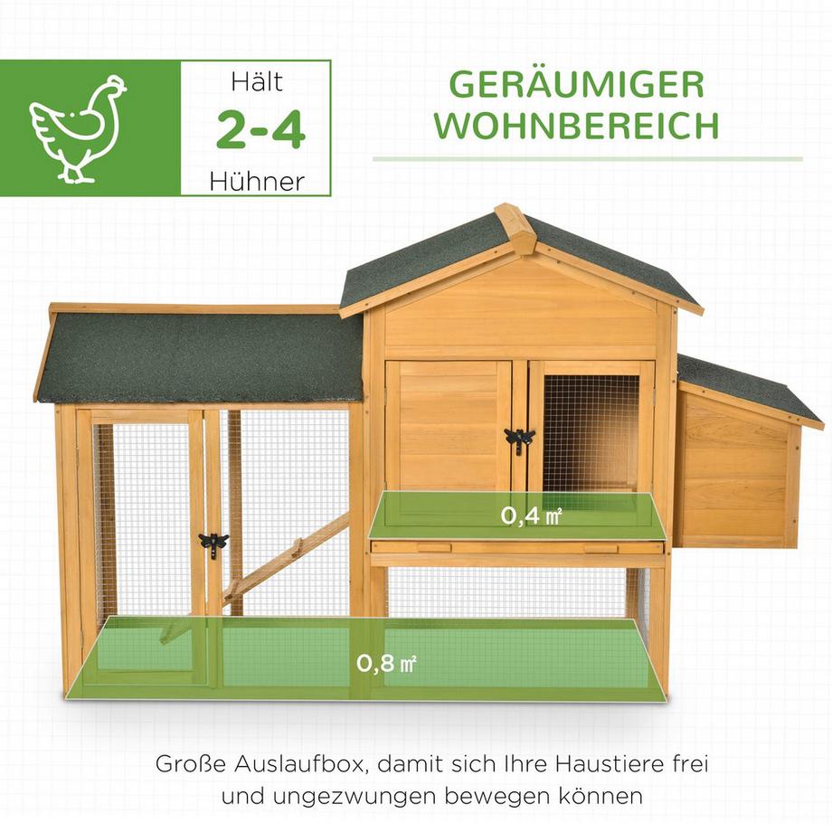 Northio  Zwerghühnerstall Zwerghühnerhaus Mit Auslauf Geflügelstall Mit Stange Fenster Nistkasten Tannenholz Gelb+Grün 168X75X103 Cm 