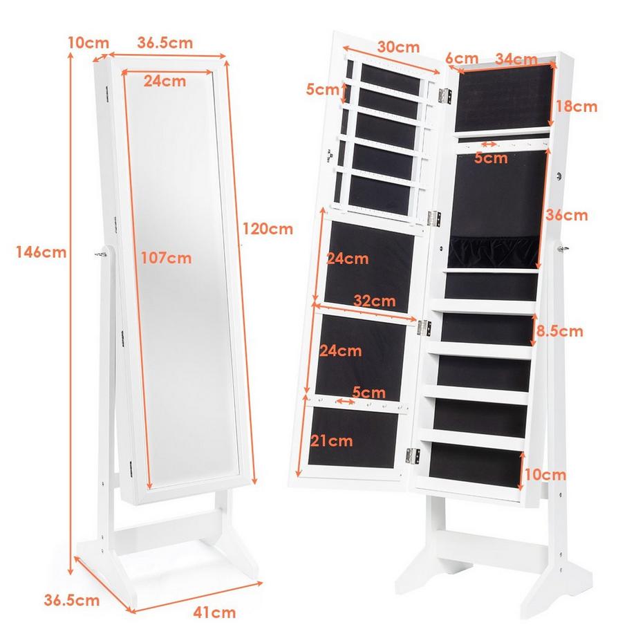 Northio Armoire à bijoux avec miroir sur toute la longueur, présentoir à bijoux 41 x 36,5 x 146 cm blanc  