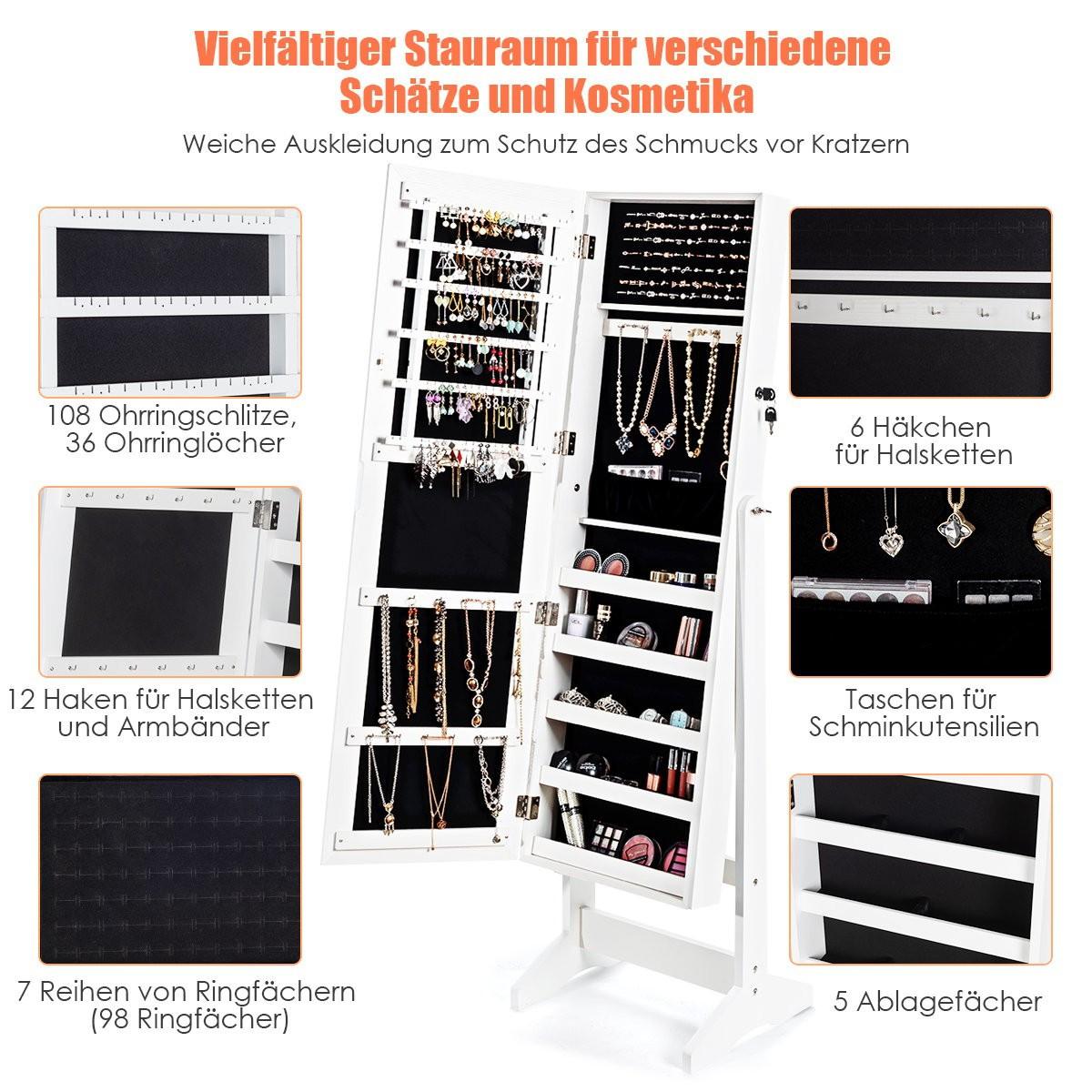 Northio Schmuckschrank mit Ganzkörperspiegel Schmuckständer 41 x 36,5 x 146 cm Weiß  