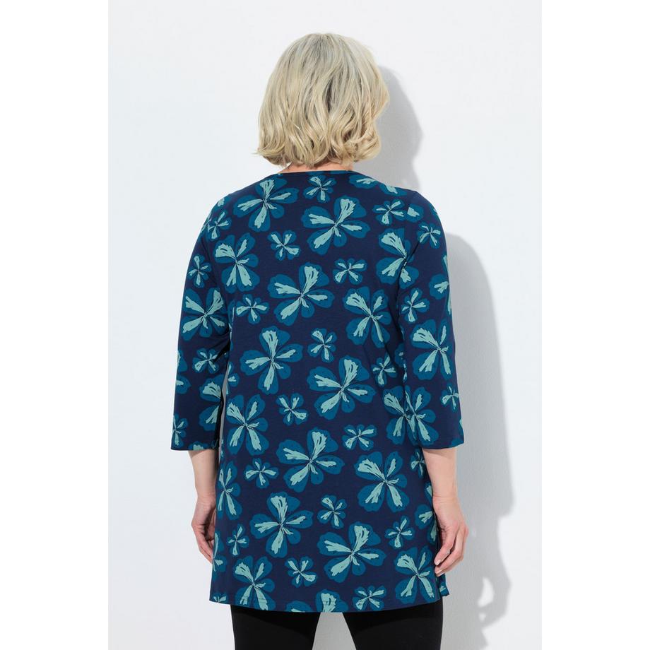 Ulla Popken T-shirt long Fleurs Col Rond Manches 3/4 Coupe Évasée  