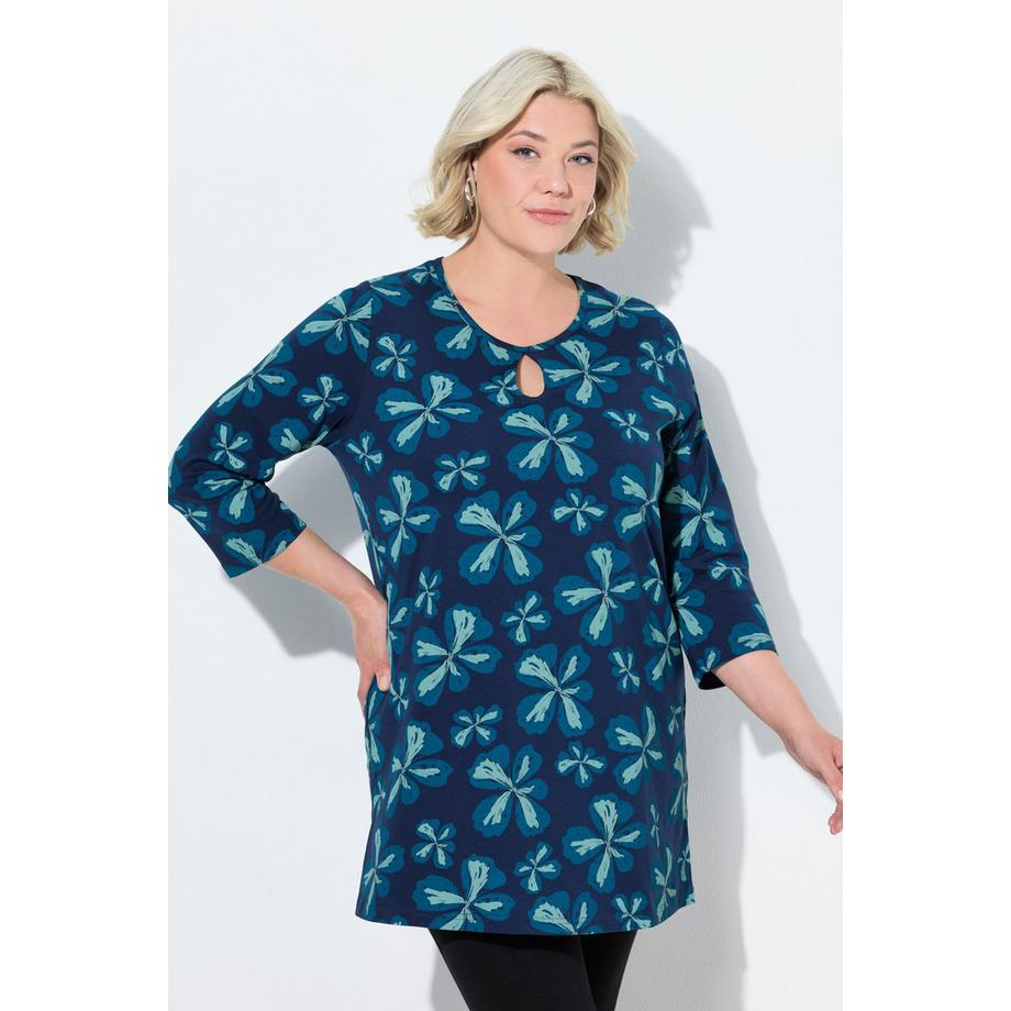 Ulla Popken T-shirt long Fleurs Col Rond Manches 3/4 Coupe Évasée  