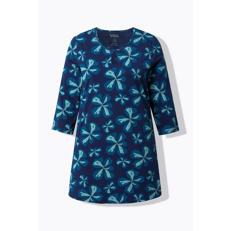 Ulla Popken T-shirt long Fleurs Col Rond Manches 3/4 Coupe Évasée  