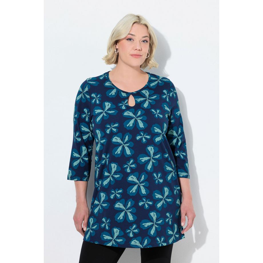 Ulla Popken T-shirt long Fleurs Col Rond Manches 3/4 Coupe Évasée  