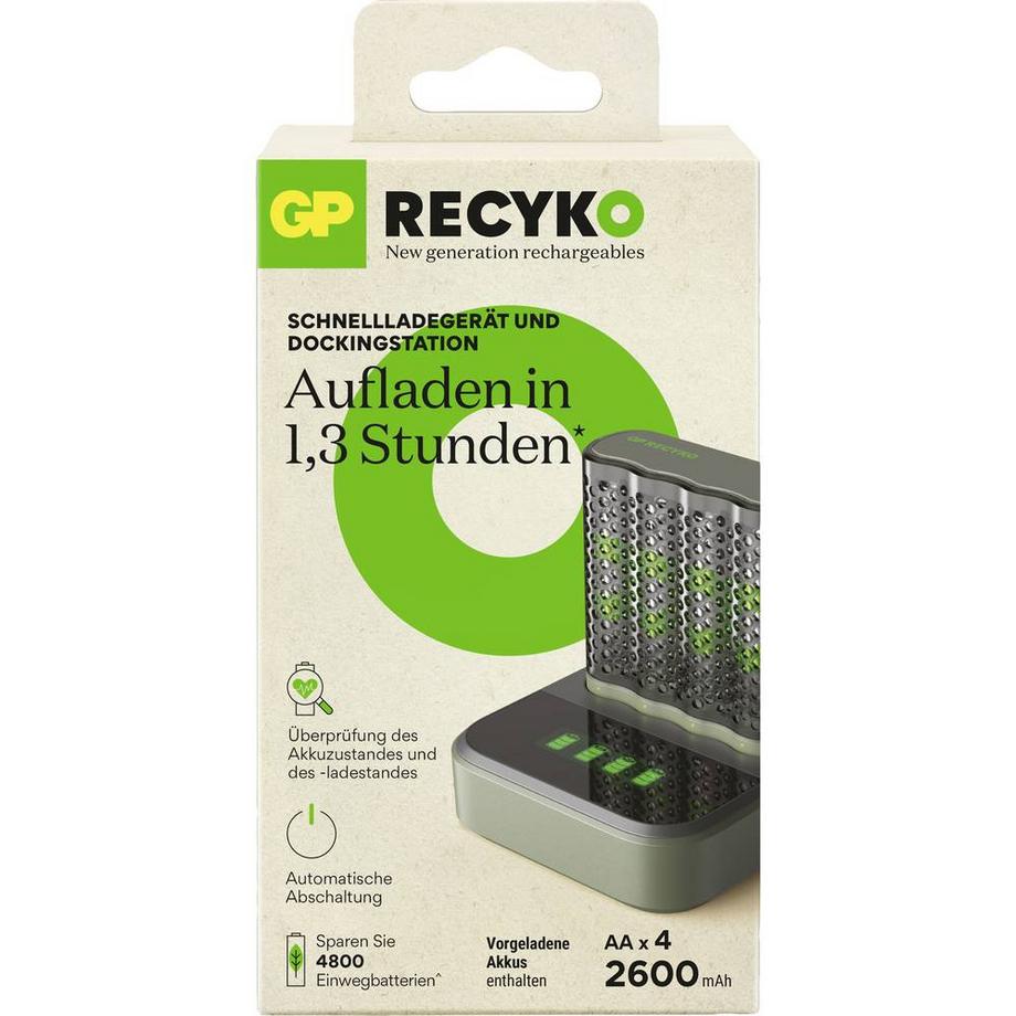 GP Batteries  USB-Modell Ladegerät M452, inkl. 4 x RECYKO AA Akkus 2600 mAh USB und USB Dockingstation 
