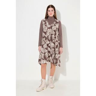 Ulla Popken  Sweatkleid, Blätter, V-Ausschnitt, ärmellos, Biobaumwolle 