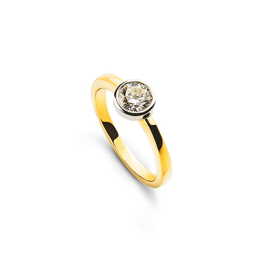 MUAU Schmuck  Bague solitaire lunette sertie d'or jaune 750, diamants 0,33ct. or blanc 750 