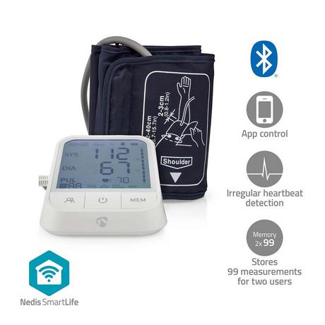 Nedis  SmartLife Misuratore di pressione arteriosa | Braccio | Bluetooth | Display LCD | 22 - 42 cm | Indicazione di arresto / Rilevamento del bracciale / Rilevamento del battito cardiaco irregolare | Bianco 