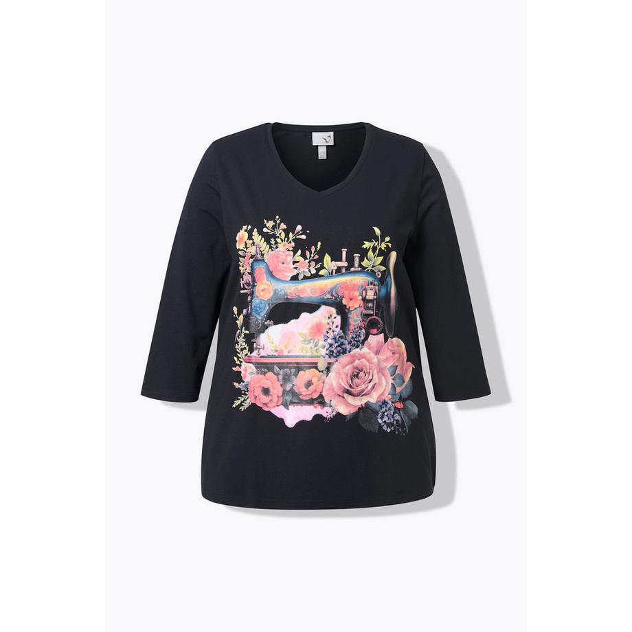 Ulla Popken Classic Machine à Coudre Imprimé Col V Manches 3/4 T-shirt  