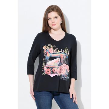 T-shirt décolleté en V et manches 3/4, motif machine à coudre, coupe Classic Fit