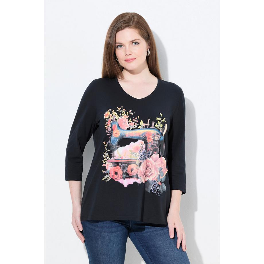 Ulla Popken Classic Machine à Coudre Imprimé Col V Manches 3/4 T-shirt  