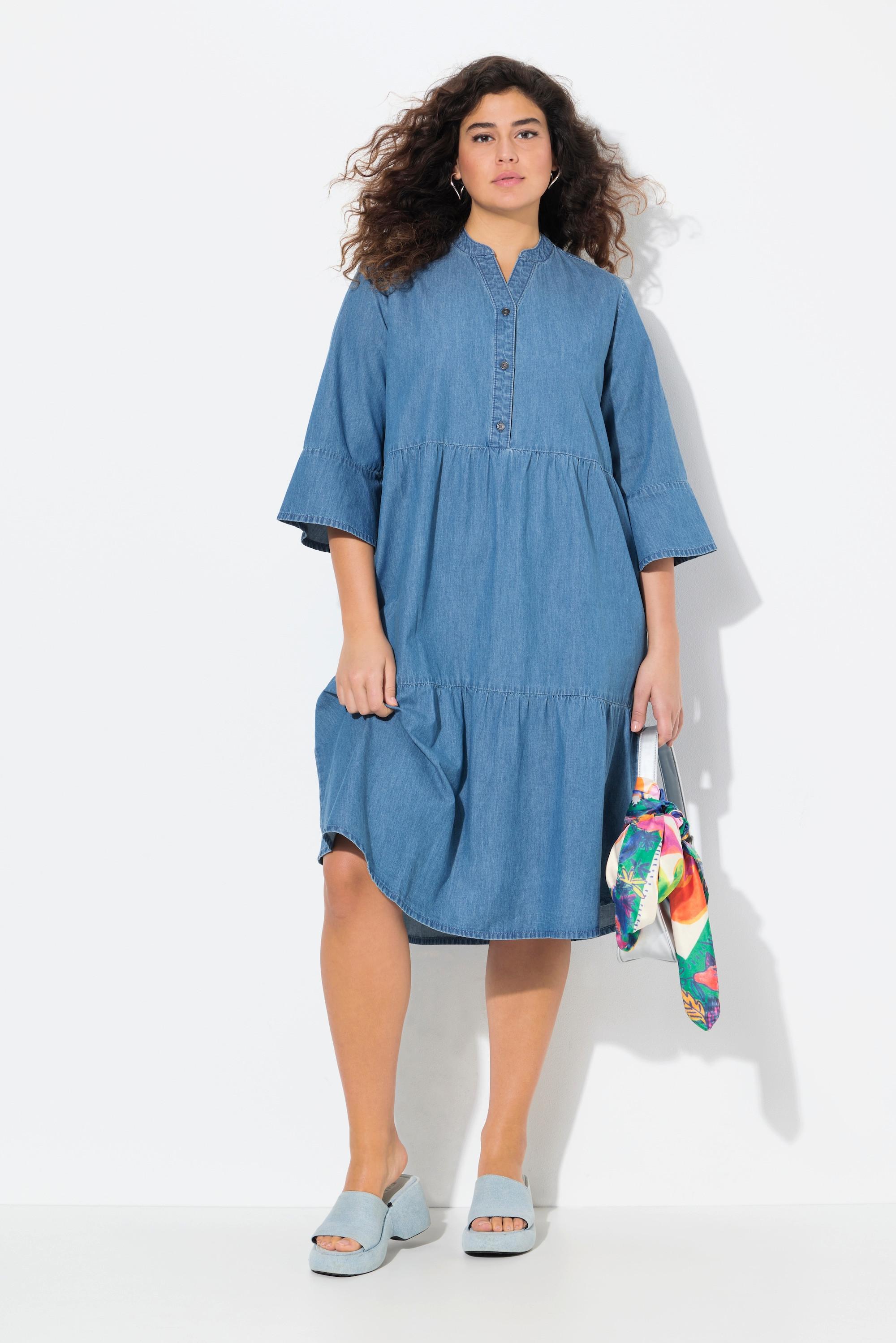 Ulla Popken Abito Volant Taglio Svasato Scollo a Tunica Maniche 3/4  