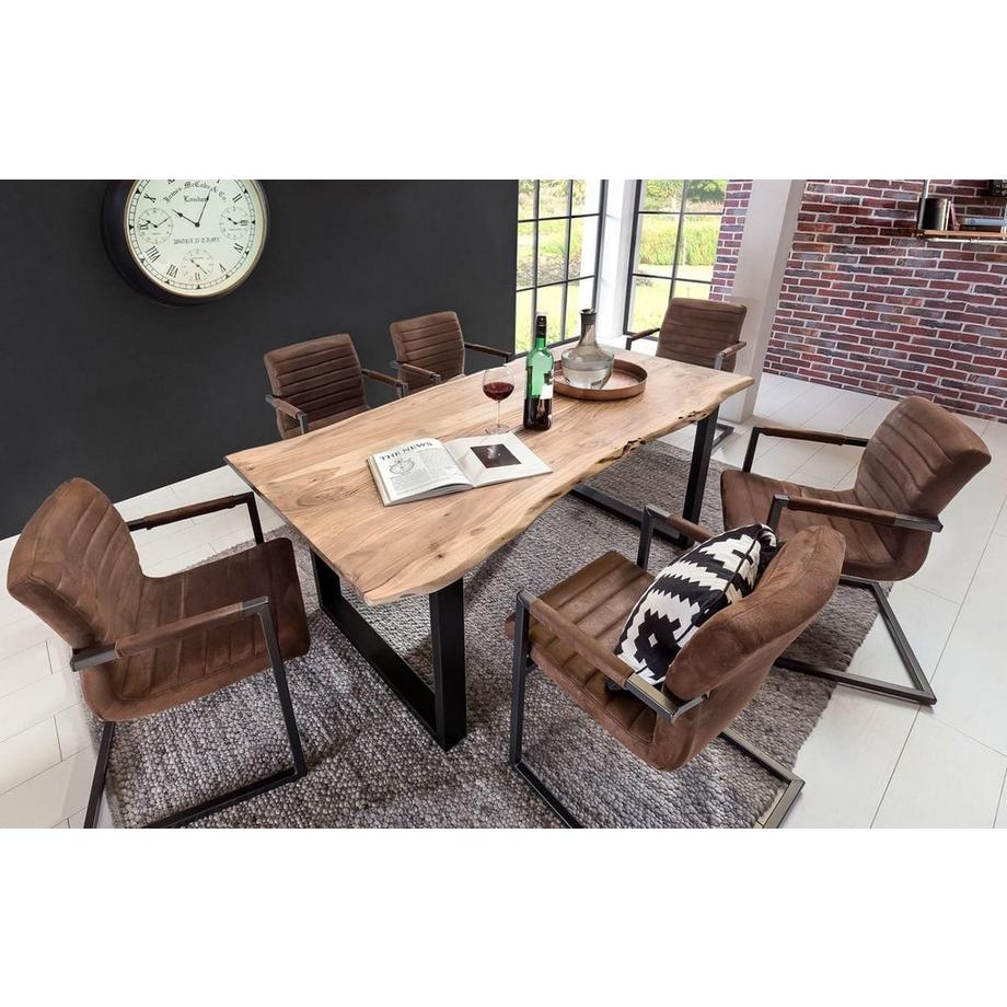 mutoni Table 240x100 cm - acacia naturel - métal noir - avec bordure d'arbre  