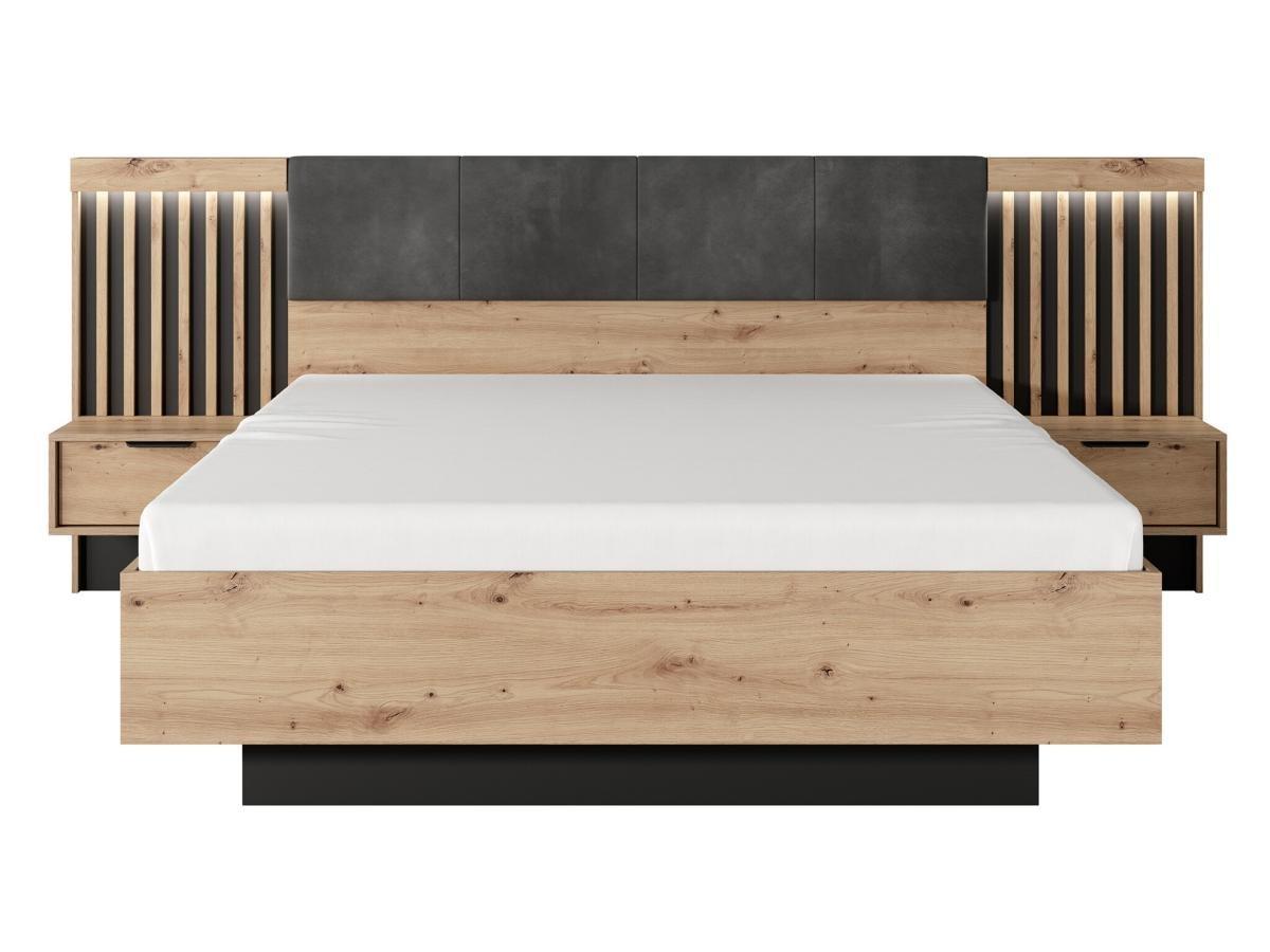 Vente-unique Bett mit Nachttischen & LED-Beleuchtung - 160 x 200 cm - Holzfarben & Schwarz - ARIADA  