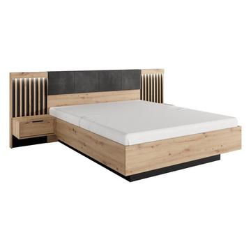 Bett mit Nachttischen & LED-Beleuchtung - 160 x 200 cm - Holzfarben & Schwarz - ARIADA