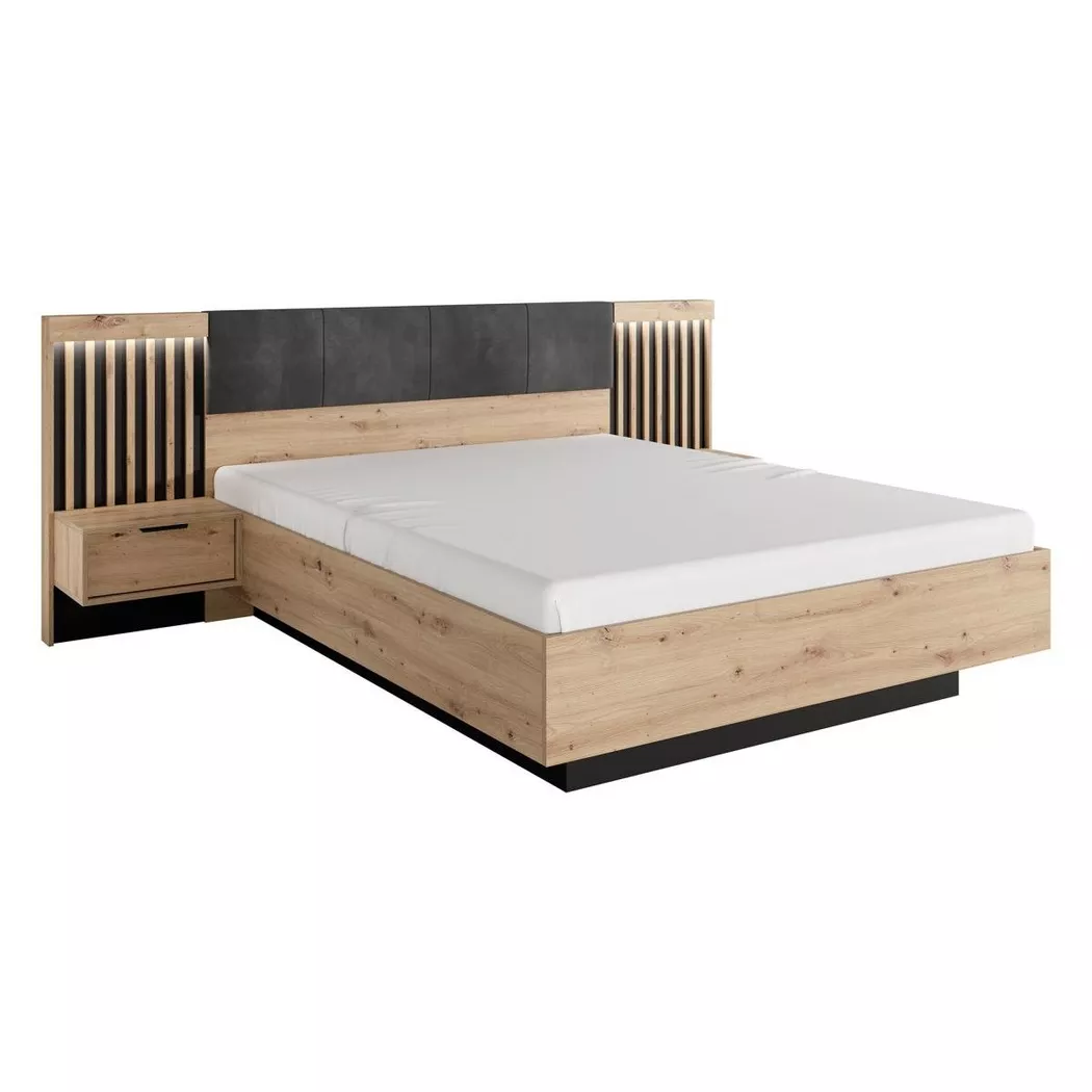 Lit avec chevets 160 x 200 cm - Avec LEDs - Coloris : Naturel et noir - ARIADA