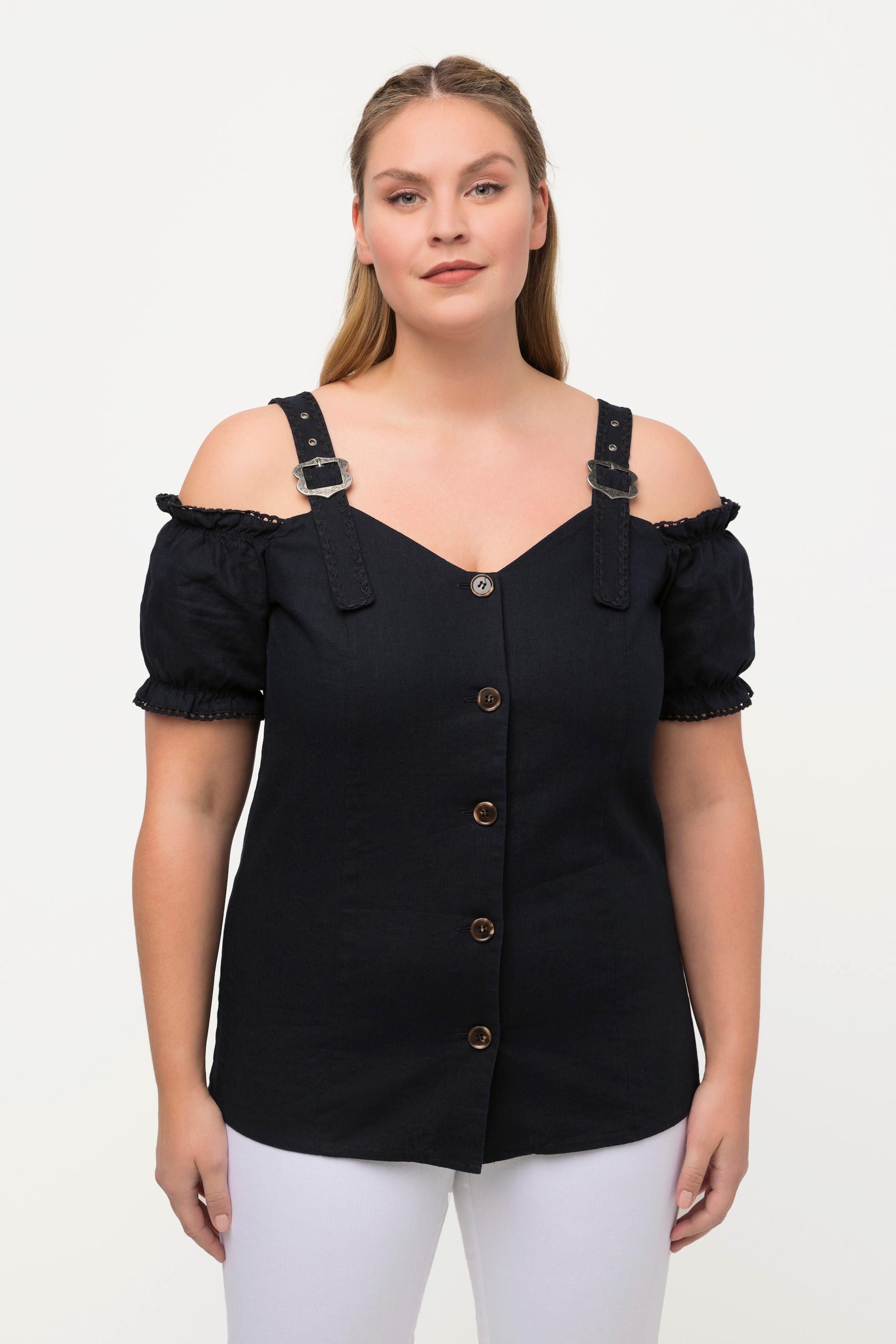 Ulla Popken  Blusa in tradizionale stile Tracht in misto lino con pizzo, allacciatura e mezze maniche 