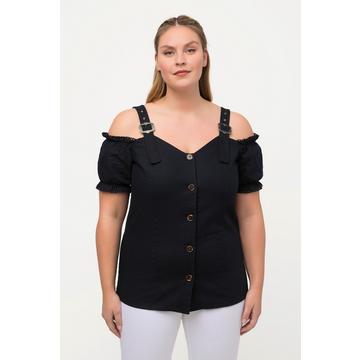 Blusa in tradizionale stile Tracht in misto lino con pizzo, allacciatura e mezze maniche