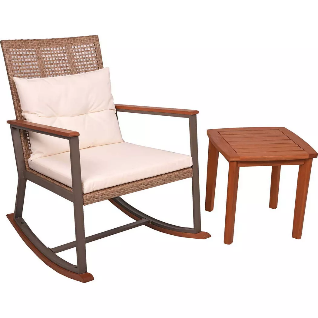 Garden Pleasure Schaukelstuhl "SINALOA" (Set) Teak Look, inkl. Tisch und Auflagen