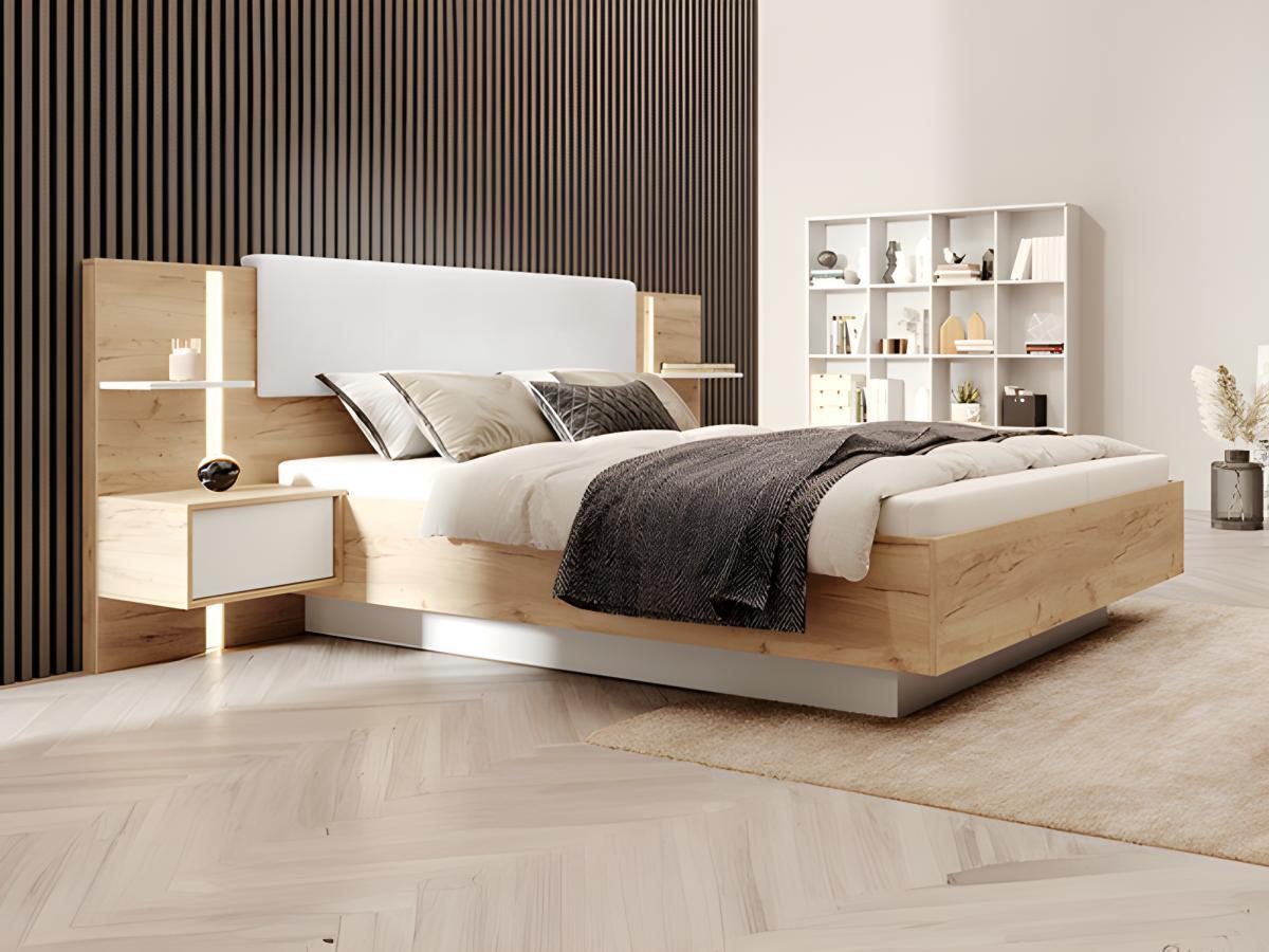 Vente-unique Letto con comodini Con LED 160 x 200 cm Naturale e Bianco + Rete - ELYNIA  