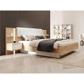 Vente-unique Letto con comodini Con LED 160 x 200 cm Naturale e Bianco + Rete - ELYNIA  